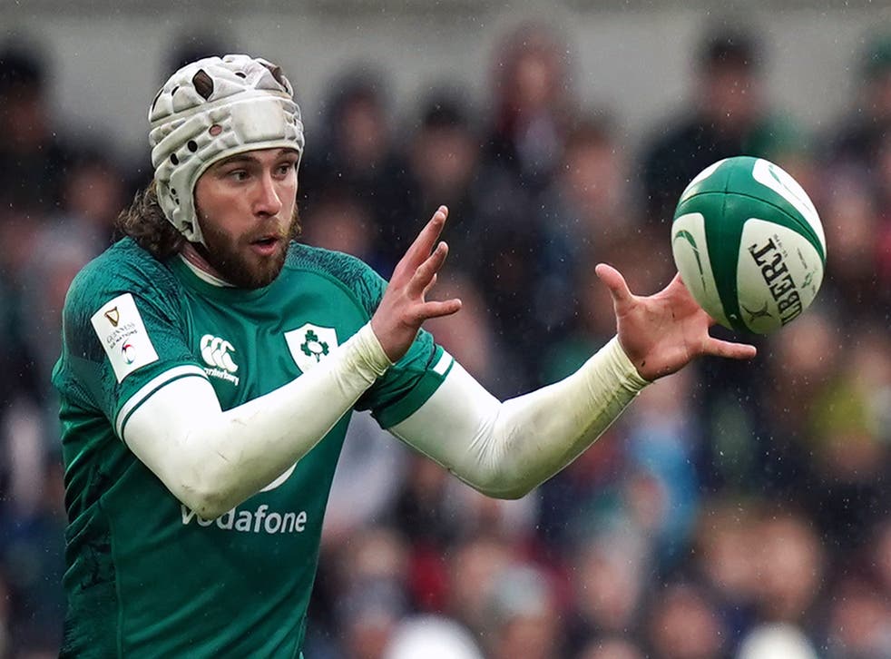 Mack Hansen scored his first international try in Ireland’s defeat to France on February 12 (Niall Carson/PA)