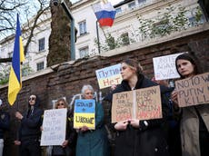 Eggs thrown at Russian embassy as hundreds protest against Ukraine invasion in London