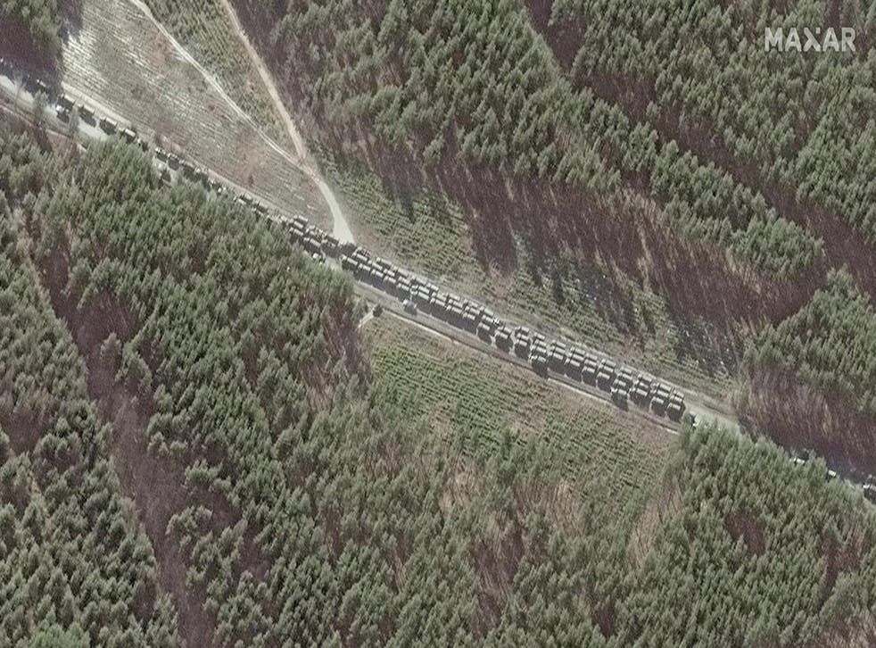 <p>The northern end of a convoy of logistics and resupply vehicles near Ivankiv, north of Kyiv</s>