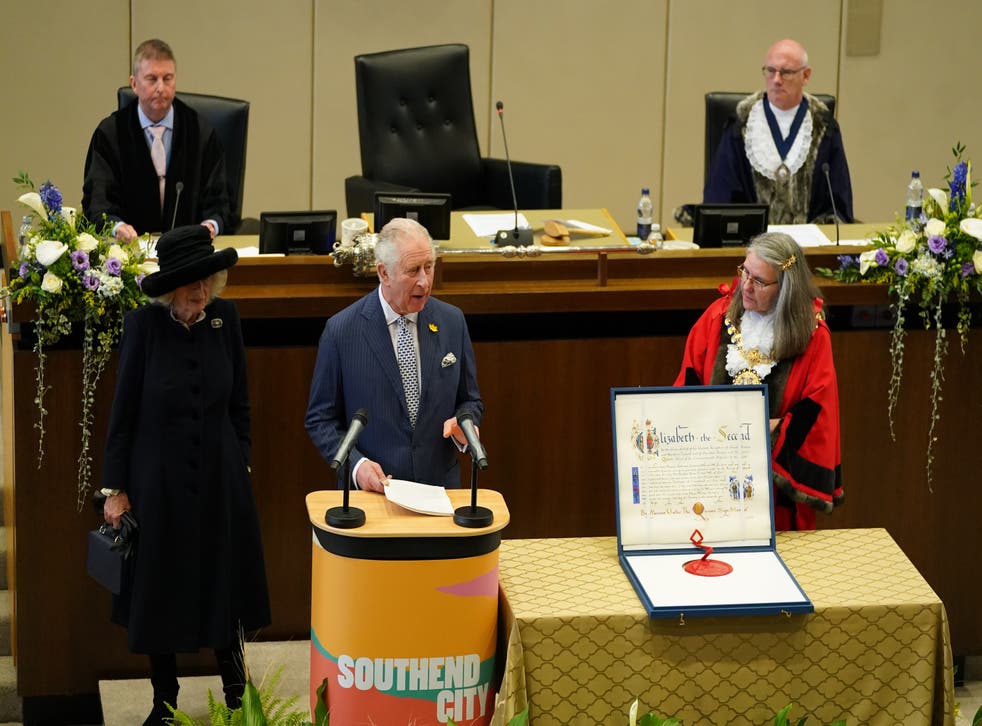 The Prince of Wales, accompanied by the Duchess of Cornwall, gives an address in the council chamber at the Civic Centre in Southend-on-Sea, as it formally becomes a city (Gareth Fuller/PA)