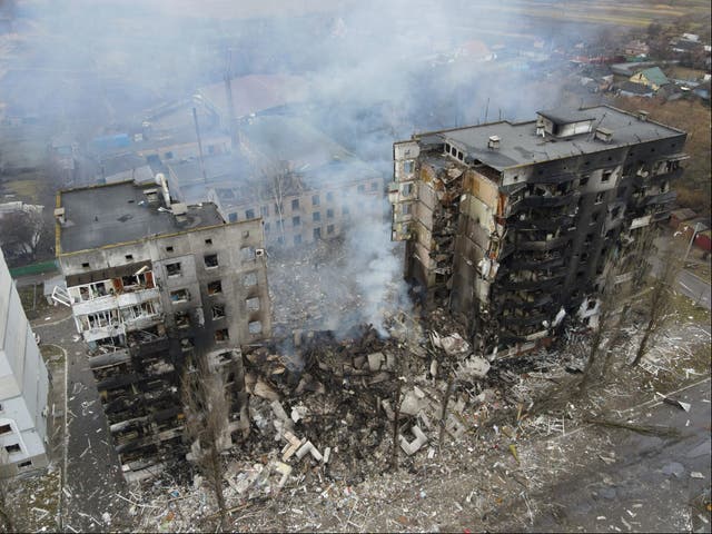 An aerial view shows a residential building destroyed by shelling, as Russia’s invasion of Ukraine continues, in the settlement of Borodyanka in the Kyiv region