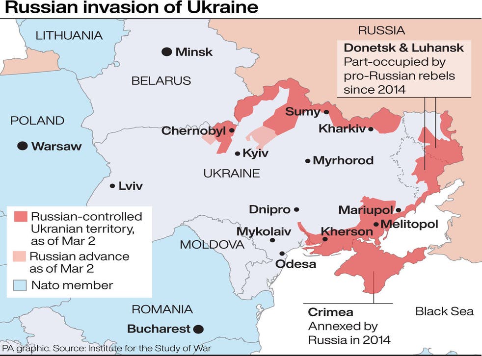 <p>This map shows the areas held by Russian forces in Ukraine</p>