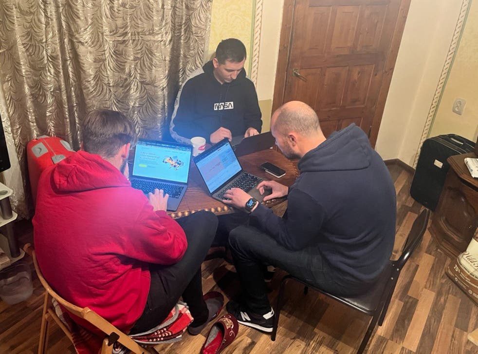 <p>Software developers Andrii Taganskyi and Eugene Gusarov working on their website in Lviv </s>