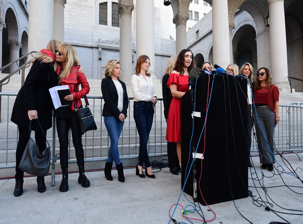 <p>Sarah Ann Masse  speaks alongside a group of silence breakers at a press conference in Los Angeles, California, on 25 February 2020 – the day after Weinstein was convicted of rape in the third degree and a criminal sexual act in the first degree</p>