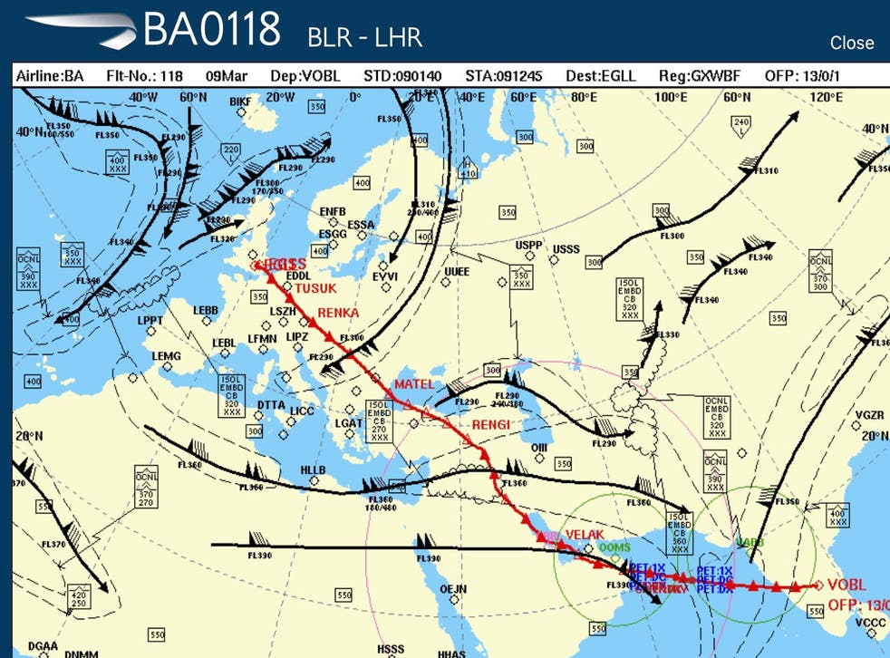 <p>Going places: the flightpath of British Airways 118 from Bengaluru to London Heathrow</p>