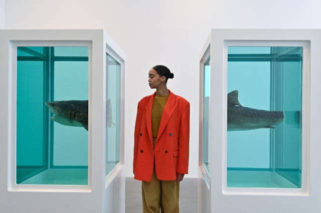 A visitor looks at the piece of art called "Myth Explored, explained and exploded" dated of 1993, during a press visit of the exhibition "Natural History" dedicated to British artist Damien Hirst and his formaldehyde sculptures at the Gagosian Kings Cross gallery, ロンドンで