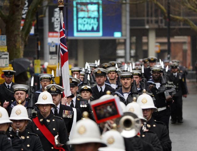 Members of the Royal Navy march through Portsmouth during a Royal Navy Freedom of the City parade