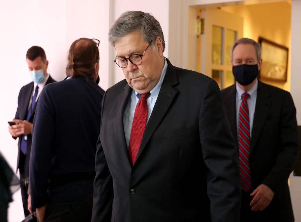 <p> File: Attorney General William Barr arrives in the Rose Garden on 26 September 2020</p>