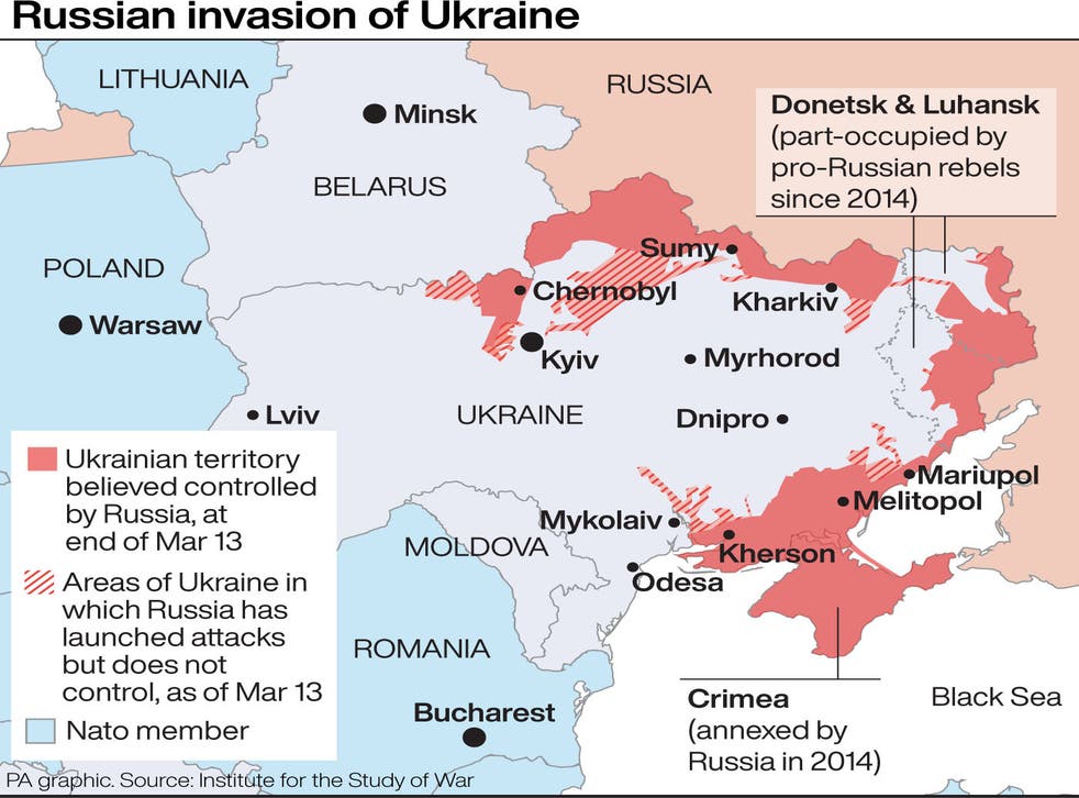 <p>This map shows the extent of Russia’s invasion of Ukraine</p>