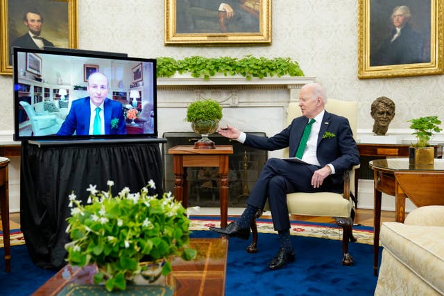 President Joe Biden meets virtually with Irish Prime Minister Micheál Martin in the Oval Office of the White House, in Washington