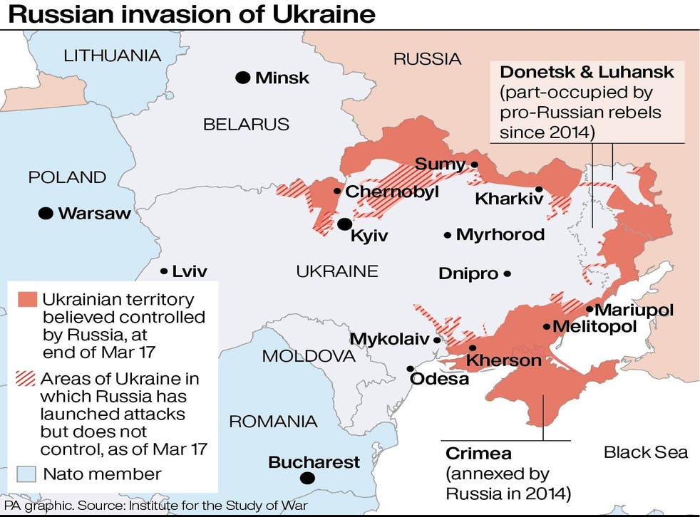 <p>This map shows the extent of Russia’s invasion of Ukraine as of 18 Maart </bl>