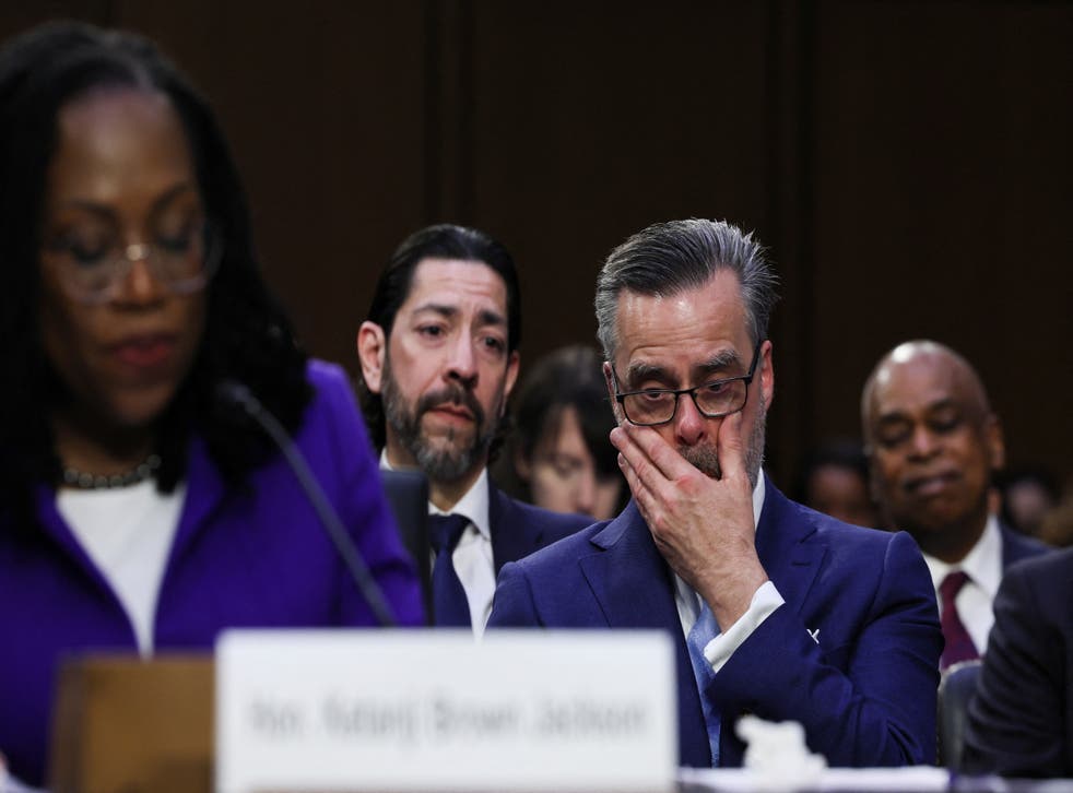 <p>Patrick Jackson cries as he watches his wife, Judge Ketanji Brown Jackson, deliver her opening statement to the U.S. Senate Judiciary Committee during the first day of the confirmation hearing on her nomination to the U.S. Suprema Corte, on Capitol Hill</p>
