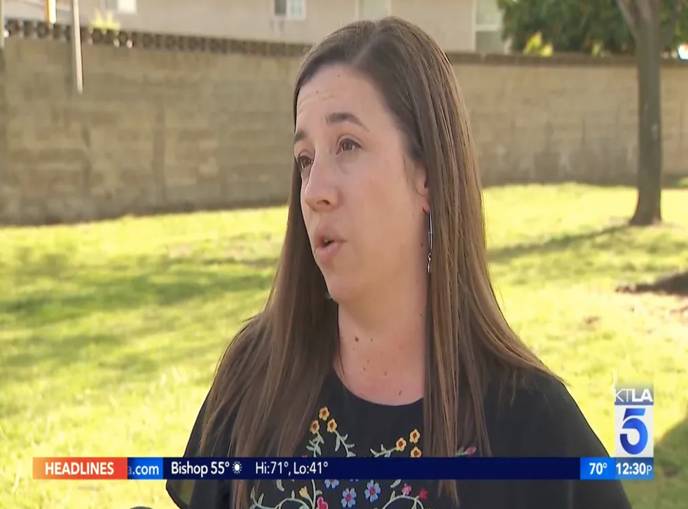 <p>Christina McFadden, a mother of a student at Turning Point Christian School, located in Norco, California, gives an interview to local news outlet KTLA.</p>