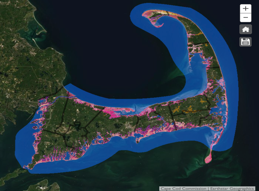 <p>Coastal High Hazard Areas (marked in red) with 1foot of sea level rise around Cape Cod</p>