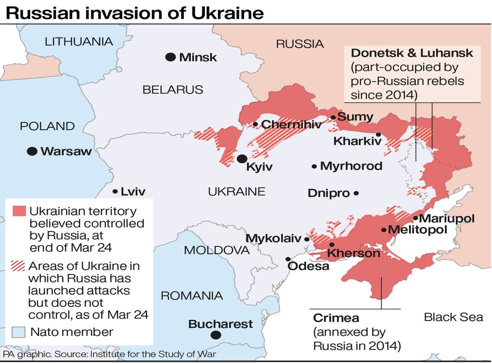 <p>This map shows the extent of the Russian invasion of Ukraine</s>
