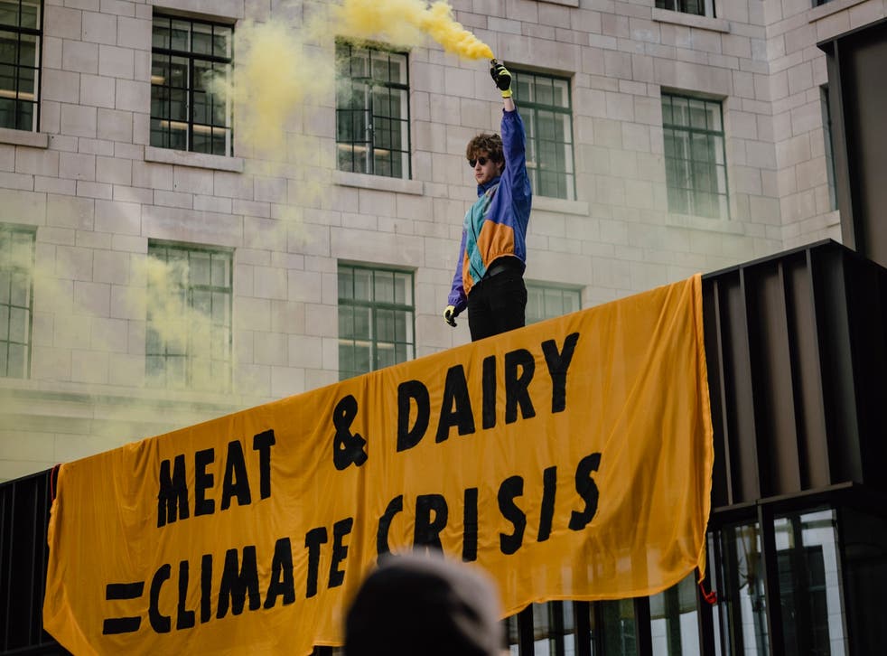 <p>Nathan McGovern stands above a banner highlighting the climate crisis outside King’s College London. </s>
