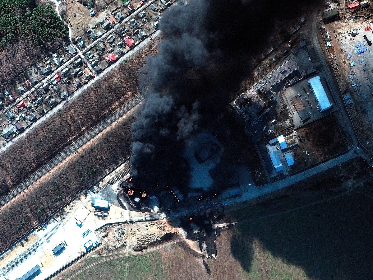 Satellite images show sky turned black after Russian bombing of fuel depot near Kyiv