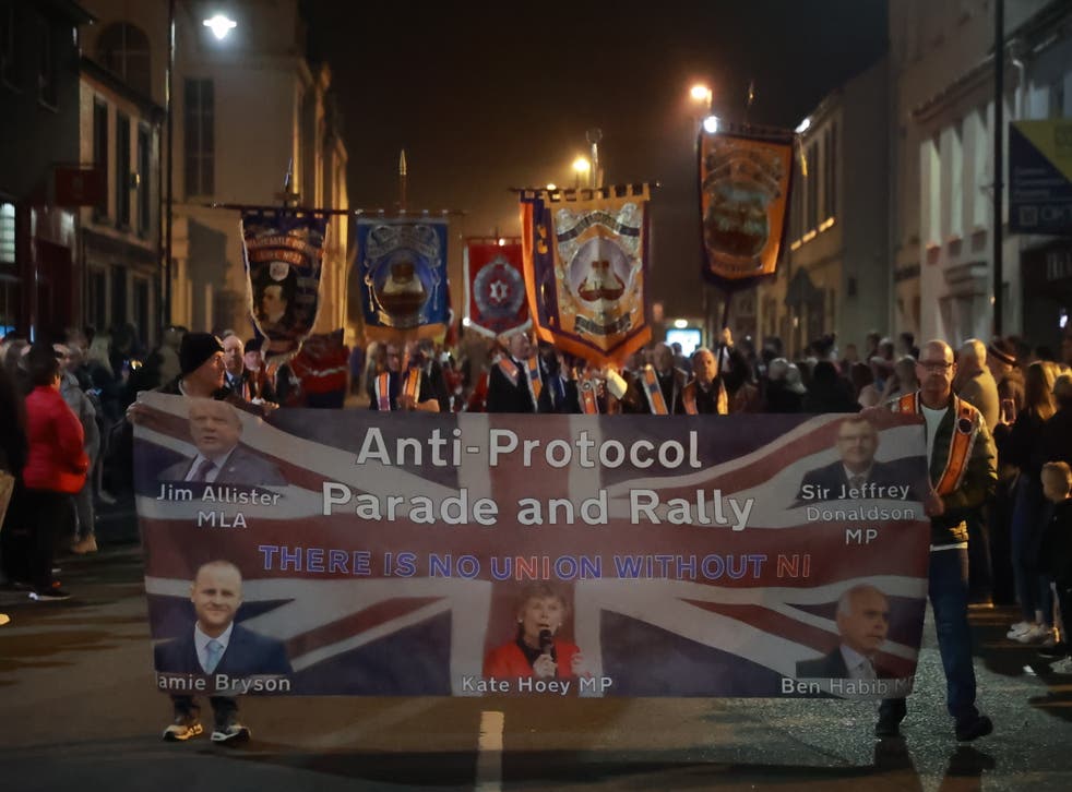 Orangemen march during an anti Northern Ireland Protocol parade in Ballymoney (Liam McBurney/PA)