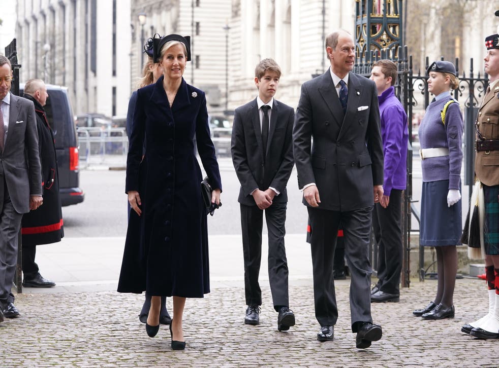 The Earl and Countess of Wessex, Lady Louise Mountbatten-Windsor and Viscount Severn arriving for the Service of Thanksgiving (Aaron Chown/PA)