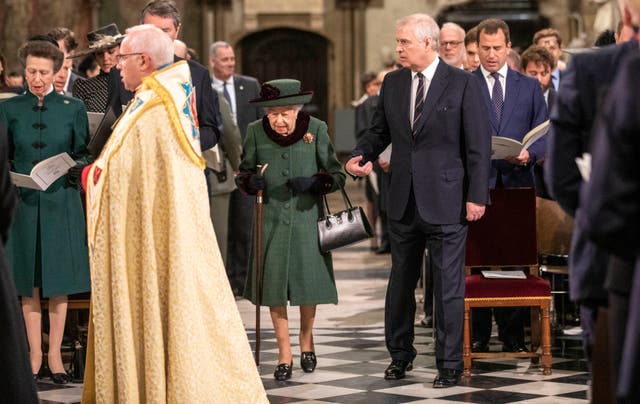 Queen Elizabeth II and the Duke of York arrive at a Service of Thanksgiving for the life of the Duke of Edinburgh, at Westminster Abbey in London
