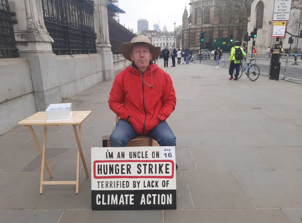<p>Angus Rose has been on hunger strike outside the UK parliament for 16 days</p>