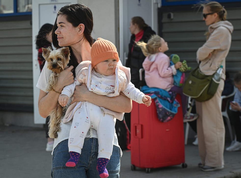 <p>A Ukrainian refugee holds her baby and dog as she waits for a bus at a crossing point between Ukraine and Moldova</s>