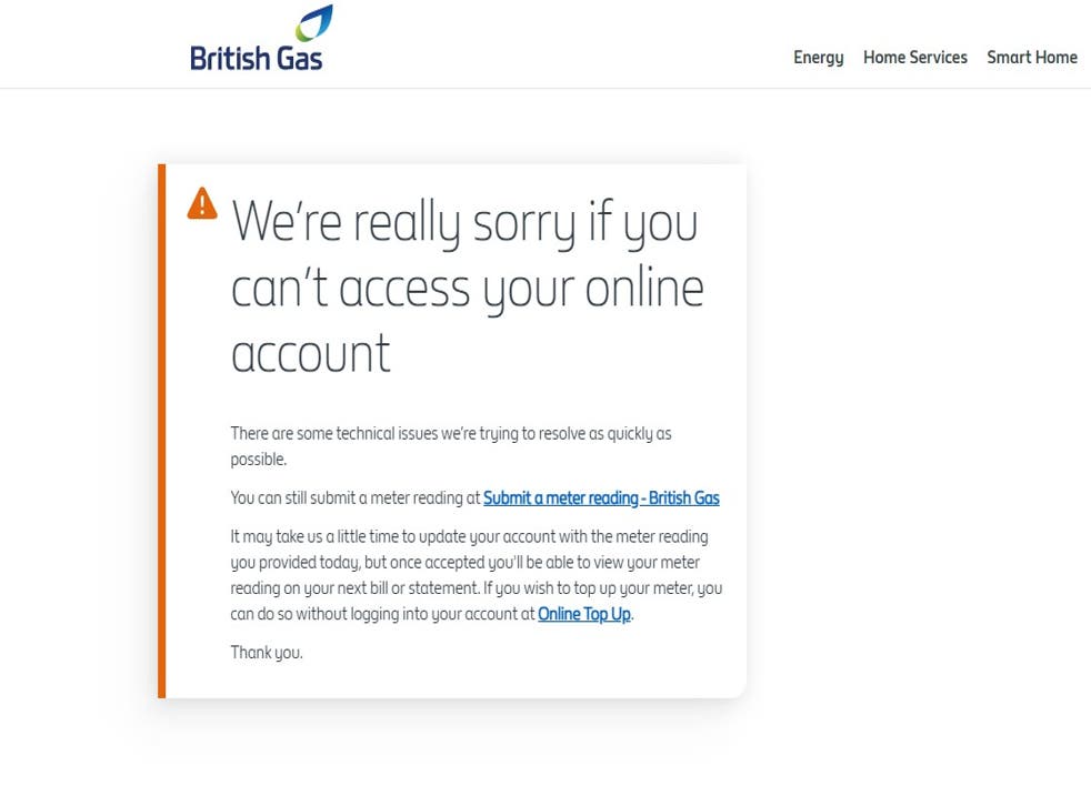 A message on the British Gas website on Thursday March 31.