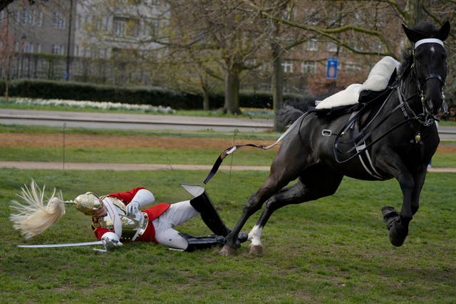 A soldier of the Household Cavalry Mounted Regiment falls off a horse during a practice to participate in the state ceremonial surrounding this year's Platinum Jubilee celebrations at Hyde Park in London