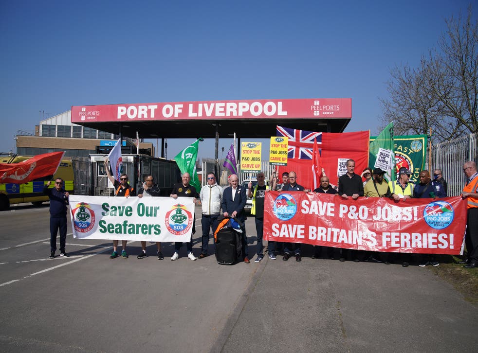 A demonstration against the dismissal of P&O workers takes place outside the Port of Liverpool (Pete Byrne/PA)