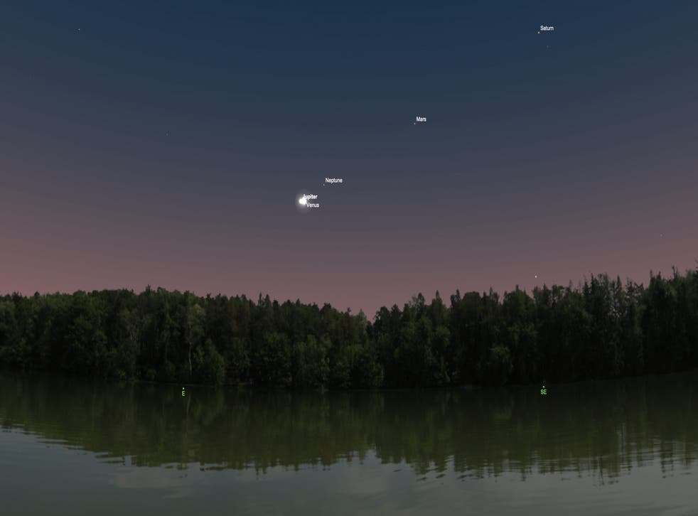<p>An illustration of the planets Jupiter and Venus in near alignment in the morning sky on 30 april 2022. </s>