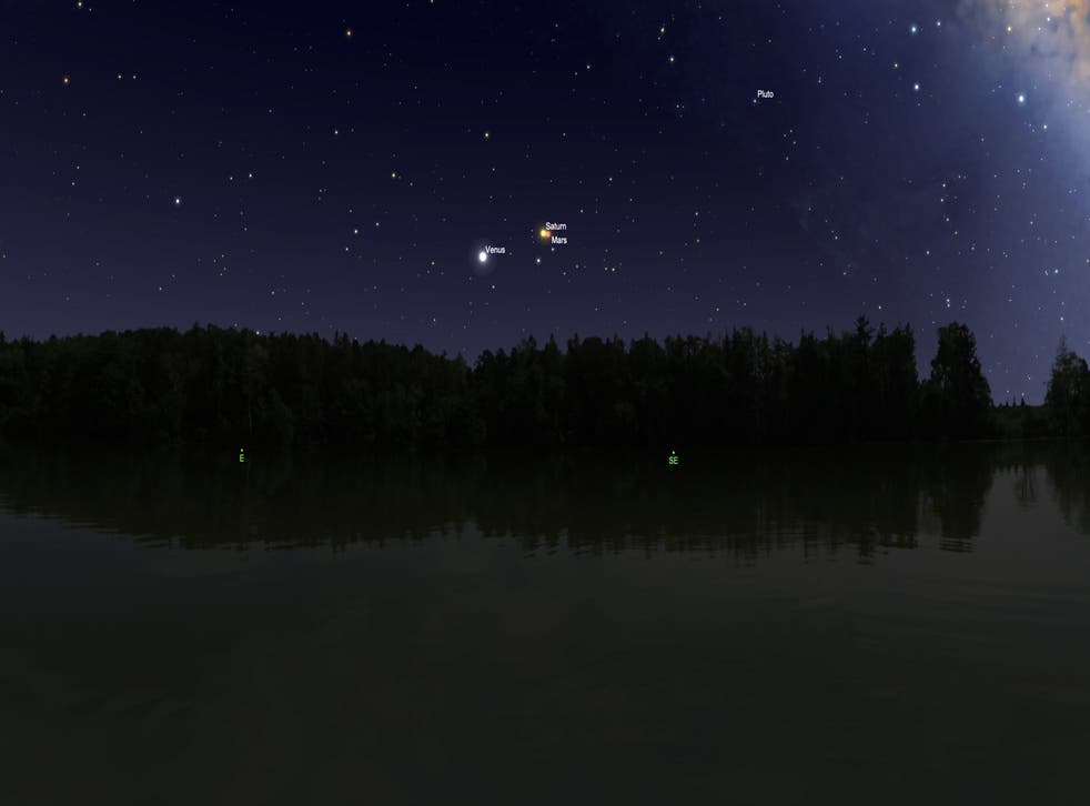 <p>An illustration of the planets Saturn, Mars and Venus in near alignment in the morning sky on 4 en 5 April 2022. </pblgt;