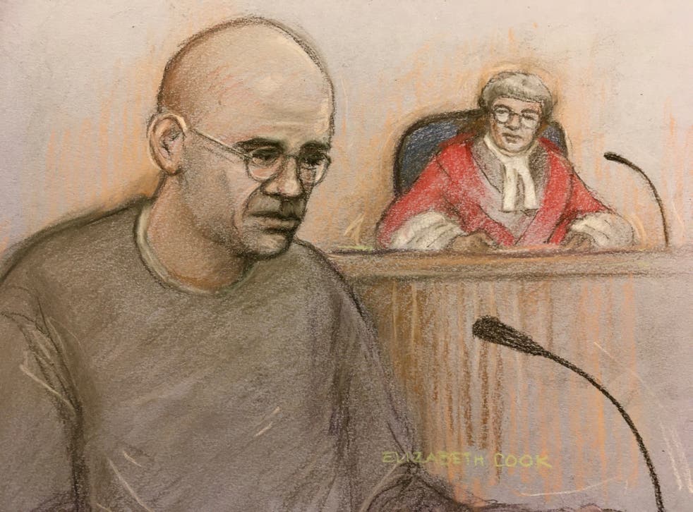 <p>Court artist sketch of John Cole, 40, giving evidence at Cardiff Crown Court where he jointly stands accused of murdering five-year-old Logan Mwangi</p>