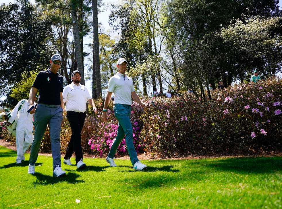(from left) Seamus Power, Shane Lowry and Rory McIlroy during a practice round ahead of the Masters (Matt Slocum/AP)