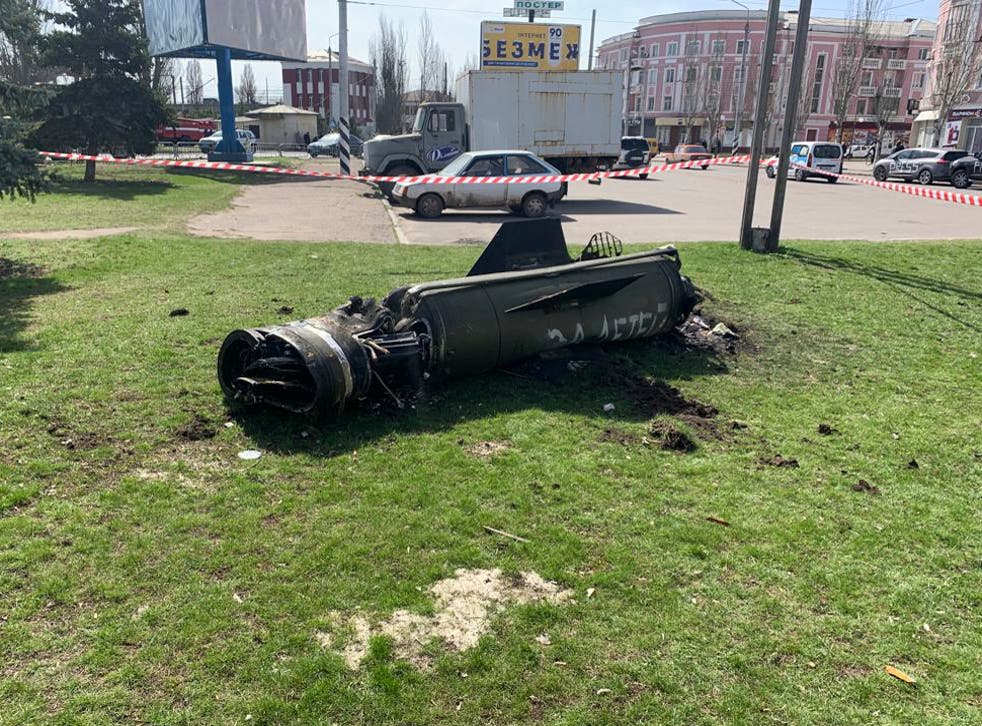 <p>The remains of a rocket are seen in Kramatorsk</p>