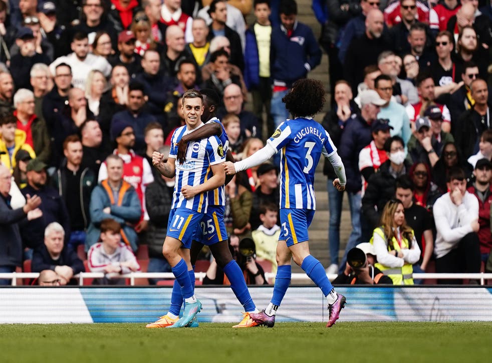 Brighton’s Leandro Trossard celebrates scoring the opening goal in a 2-1 win at Arsenal (Aaron Chown/PA Images).