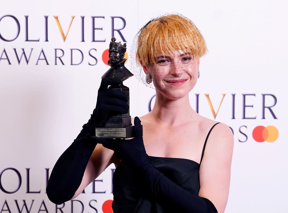 <p>Jessie Buckley in the press room after winning the Best Actress in a Musical</p>