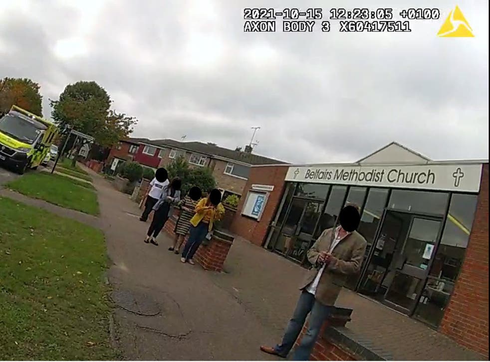 <p>Bodycam footage taken at Belfairs Methodist Church showing (from left to right) an unknown person in a white T-shirt, Rebecca Hayton, Julie Cushion, Yvonne Eaves, and Darren King</p>