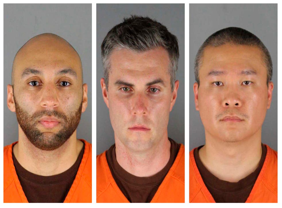 <p>J Alexander Kueng, Thomas Lane and Tou Thao left to right in booking photos  </p>