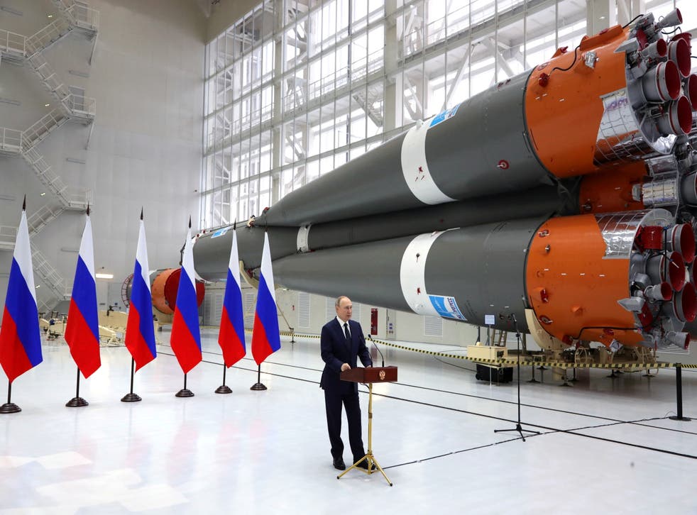 <p>Vladimir Putin delivers a speech as he visits the Vostochny Cosmodrome</p>