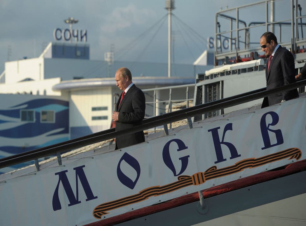 <p>Vladimir Putin and his Egyptian counterpart Abdel Fattah al-Sisi leave the Moskva at the Black Sea port of Sochi, in August 2014</p>