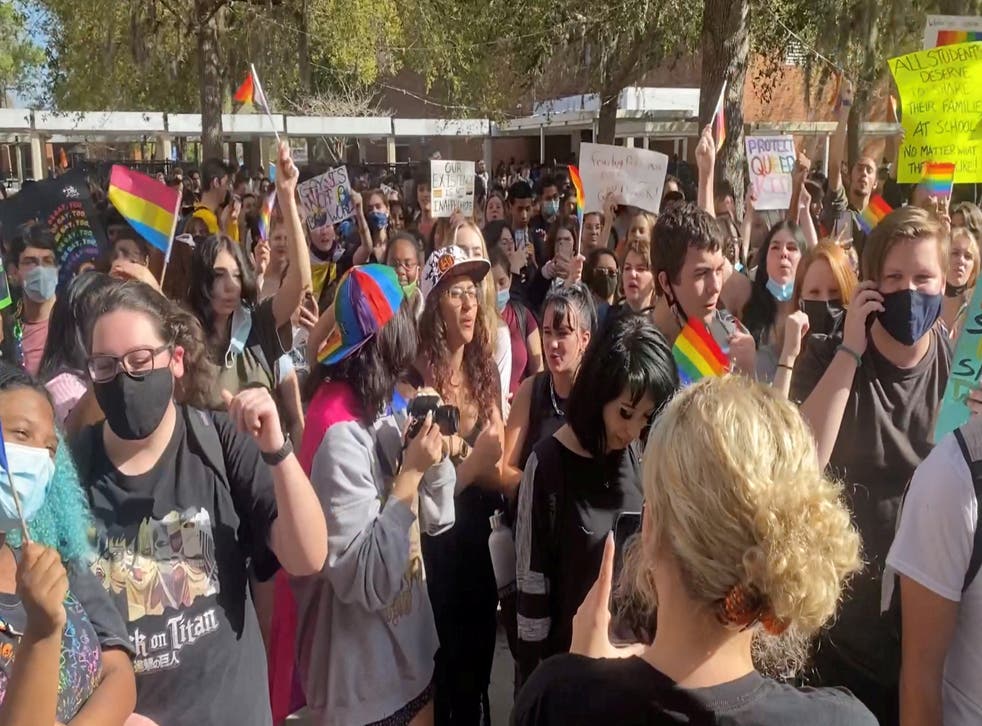 <p>Students at Winter Park High School protest Florida’s so-called ‘Don’t Say Gay’ legislation on 7 March.</p>