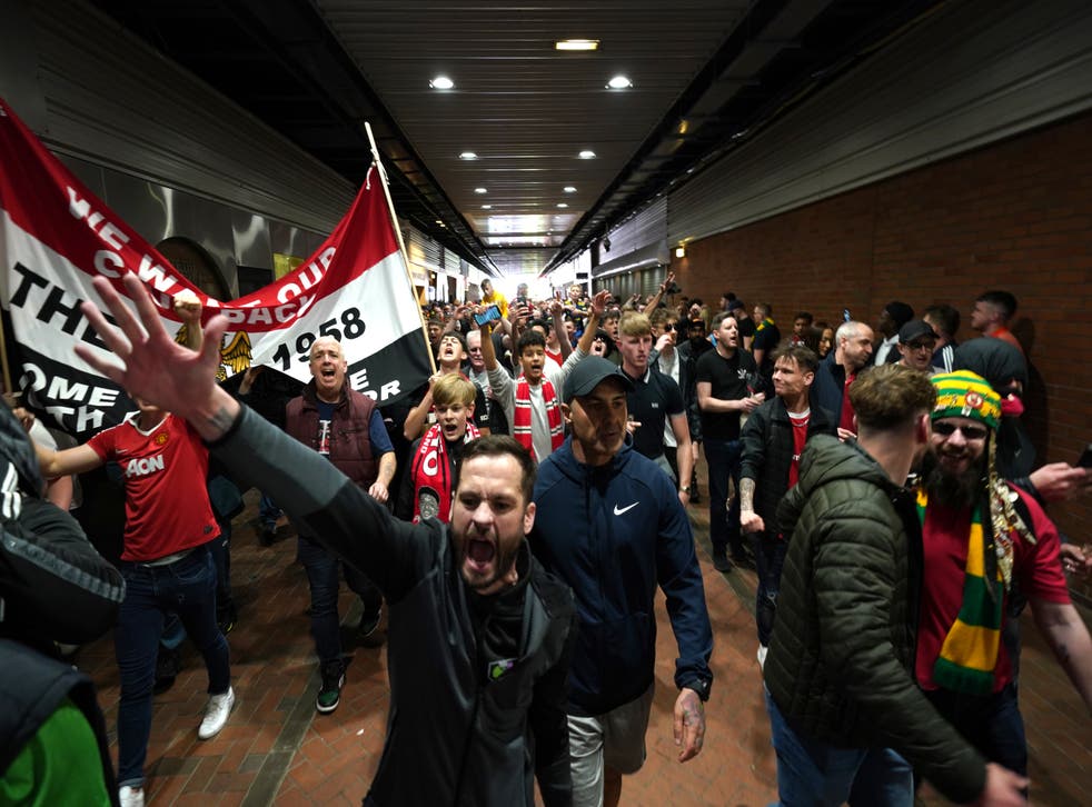 Manchester United fans marched to Old Trafford (Jacob King/PA)