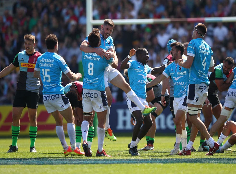 <p>Montpellier’s players celebrate after squeezing through to the quarter-finals </s>