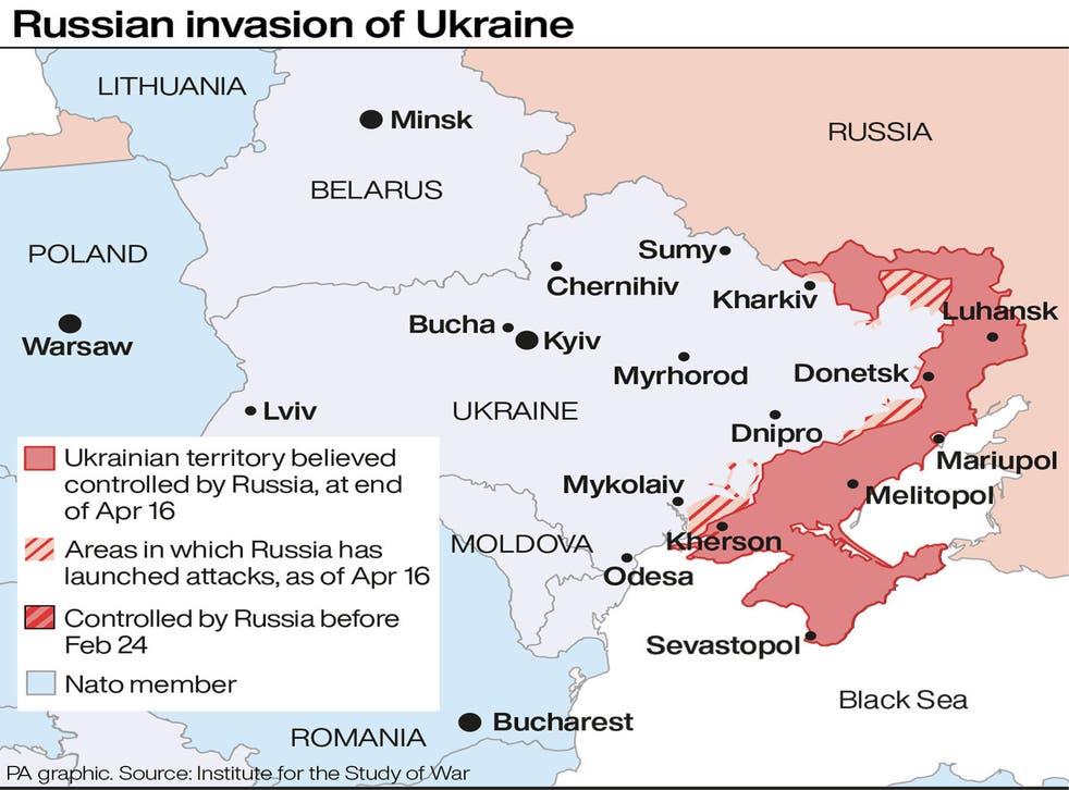 <p>A map showing the extent of the Russian invasion of Ukraine</p>
