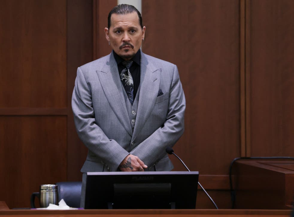 <p>Johnny Depp during his defamation trial against Amber Heard at the Fairfax County Courthouse in Fairfax, Virginia on 20 April 2022</p>