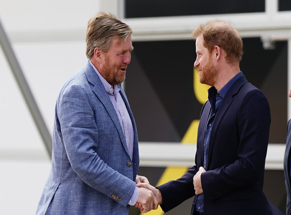 The Duke of Sussex shakes hands with King Willem-Alexander (亚伦周/ PA)