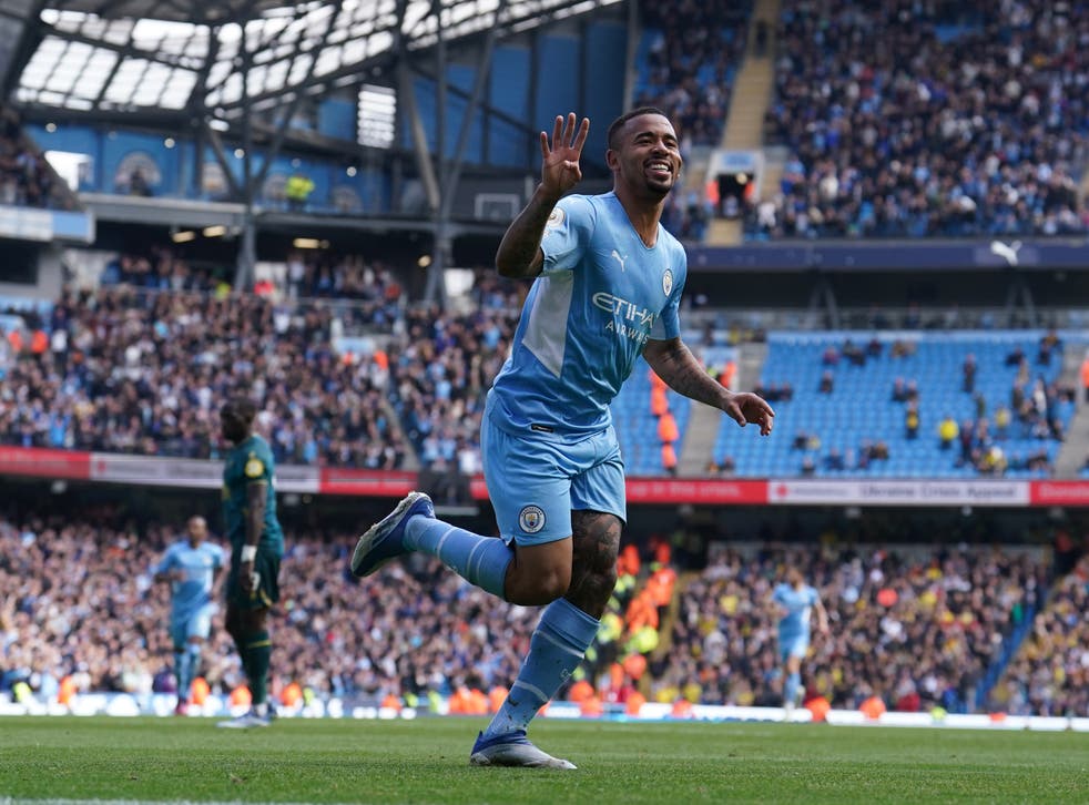 <p>Gabriel Jesus celebrates his fourth goal in Manchester City’s win against Watford</p>