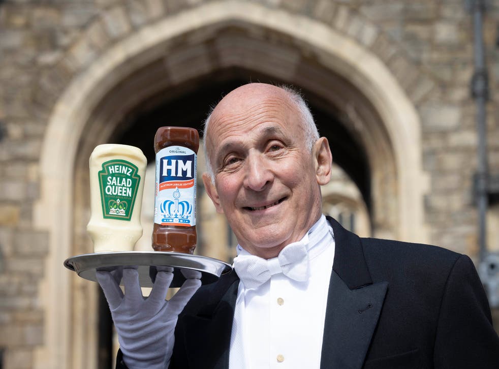 Limited-edition bottles of Heinz Salad Cream and HP Sauce, which have been renamed Heinz Salad Queen and HM Sauce, are unveiled at Windsor Castle to mark the Queen’s Platinum Jubilee (Heinz handout/PA)
