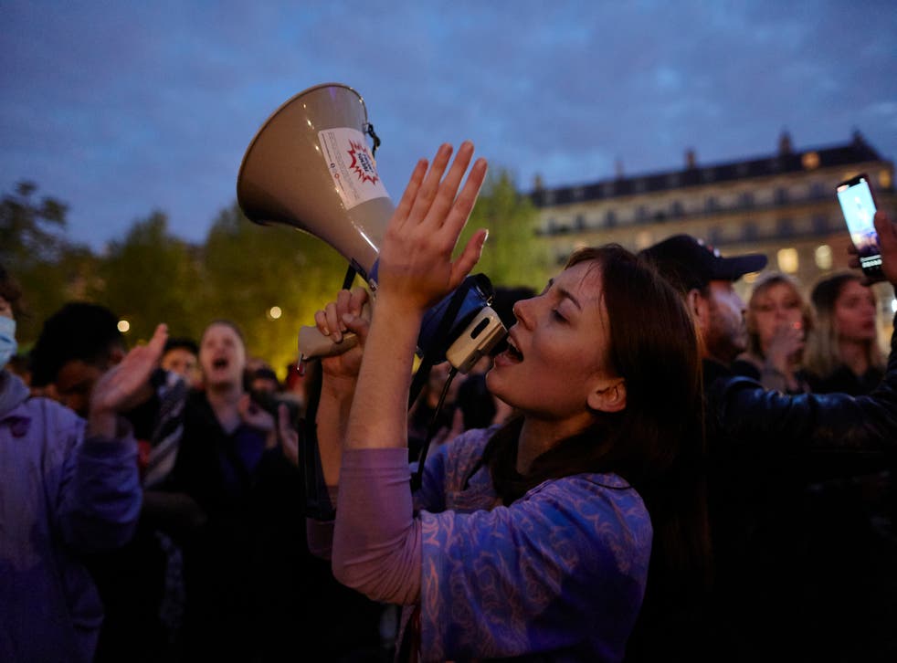 <p>Protesters gather in Paris on election night  </p>