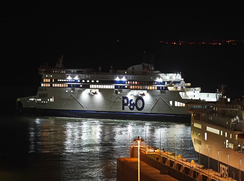 The Spirit of Britain departs from the Port of Dover, in Kent, as P&O Ferries resume Dover-Calais sailings for freight customers (Gareth Fuller/PA)
